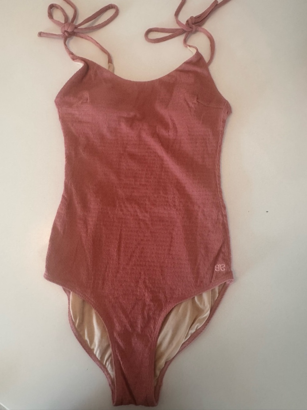 Tie-Shoulder Ribbed One-Piece Swimsuit in Dusty Rose